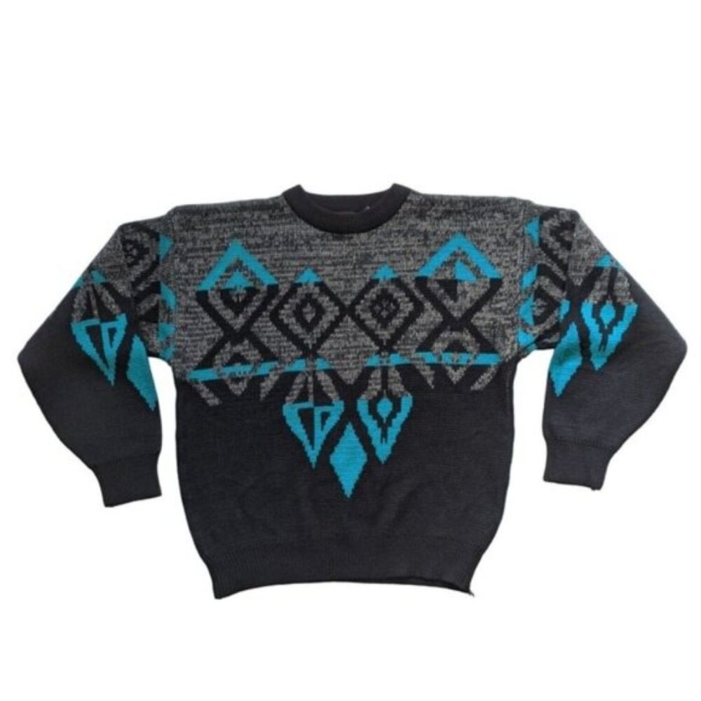 Vintage 80s Sweater Tag XL Sasson Black Grey Blue Funky Geo Dad Grandpa
